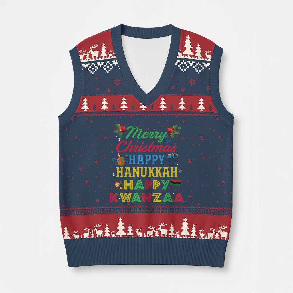 Merry Xmas Hanukkah Kwanzaa V-Neck Knit Sweater Vest Funny Holiday Gift TS12 Navy Red Print Your Wear