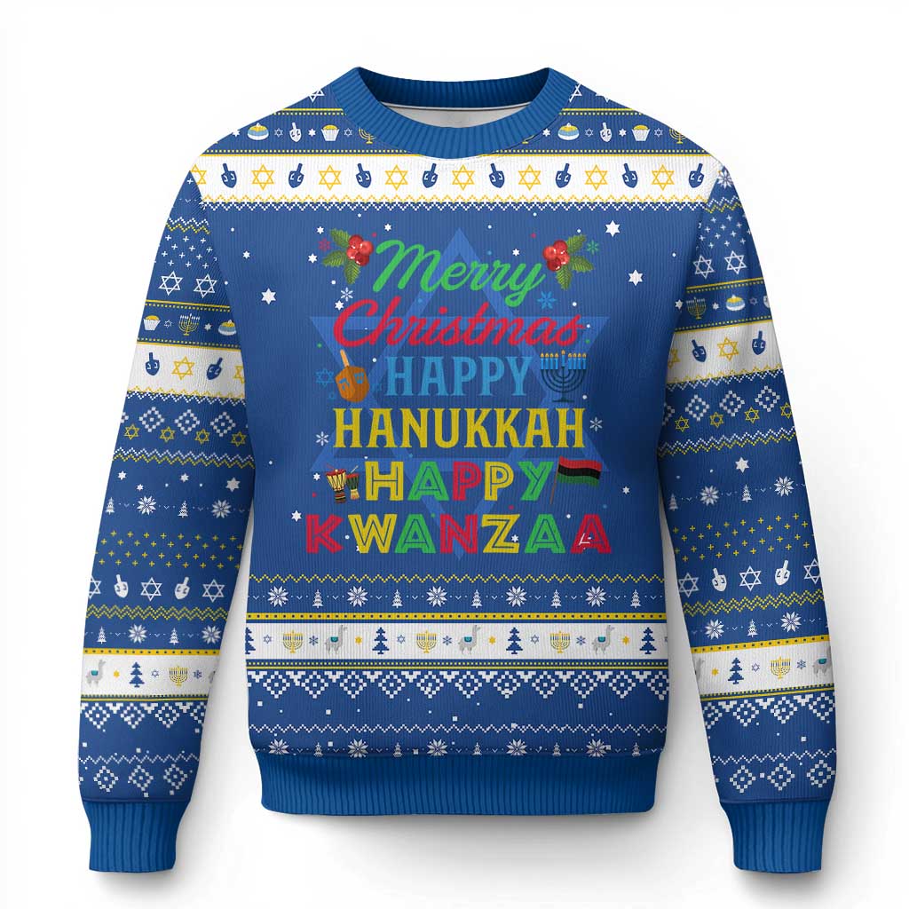 Merry Christmahanakwanzika Hanukkah Ugly Sweater Funny Holiday Gift TS12 Blue White Print Your Wear