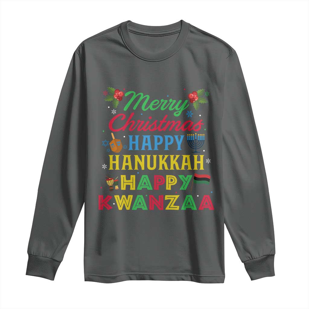 Merry Christmas Hanukkah Kwanzaa Long Sleeve Shirt Funny Holiday Gift TS12 Dark Heather Print Your Wear