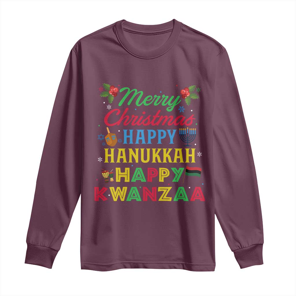 Merry Christmas Hanukkah Kwanzaa Long Sleeve Shirt Funny Holiday Gift TS12 Maroon Print Your Wear
