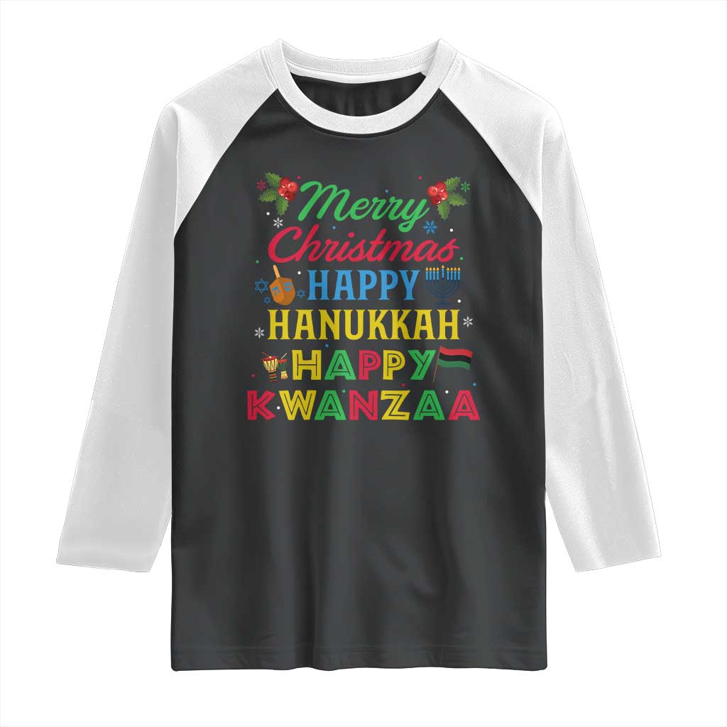 Merry Christmas Hanukkah Kwanzaa Raglan Shirt Funny Holiday Gift TS12 Black White Print Your Wear