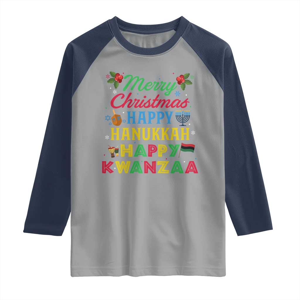 Merry Christmas Hanukkah Kwanzaa Raglan Shirt Funny Holiday Gift TS12 Sport Gray Navy Print Your Wear