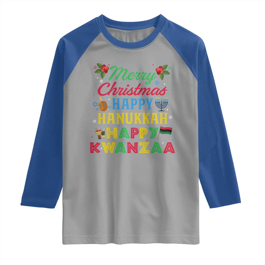 Merry Christmas Hanukkah Kwanzaa Raglan Shirt Funny Holiday Gift TS12 Sport Gray Royal Print Your Wear