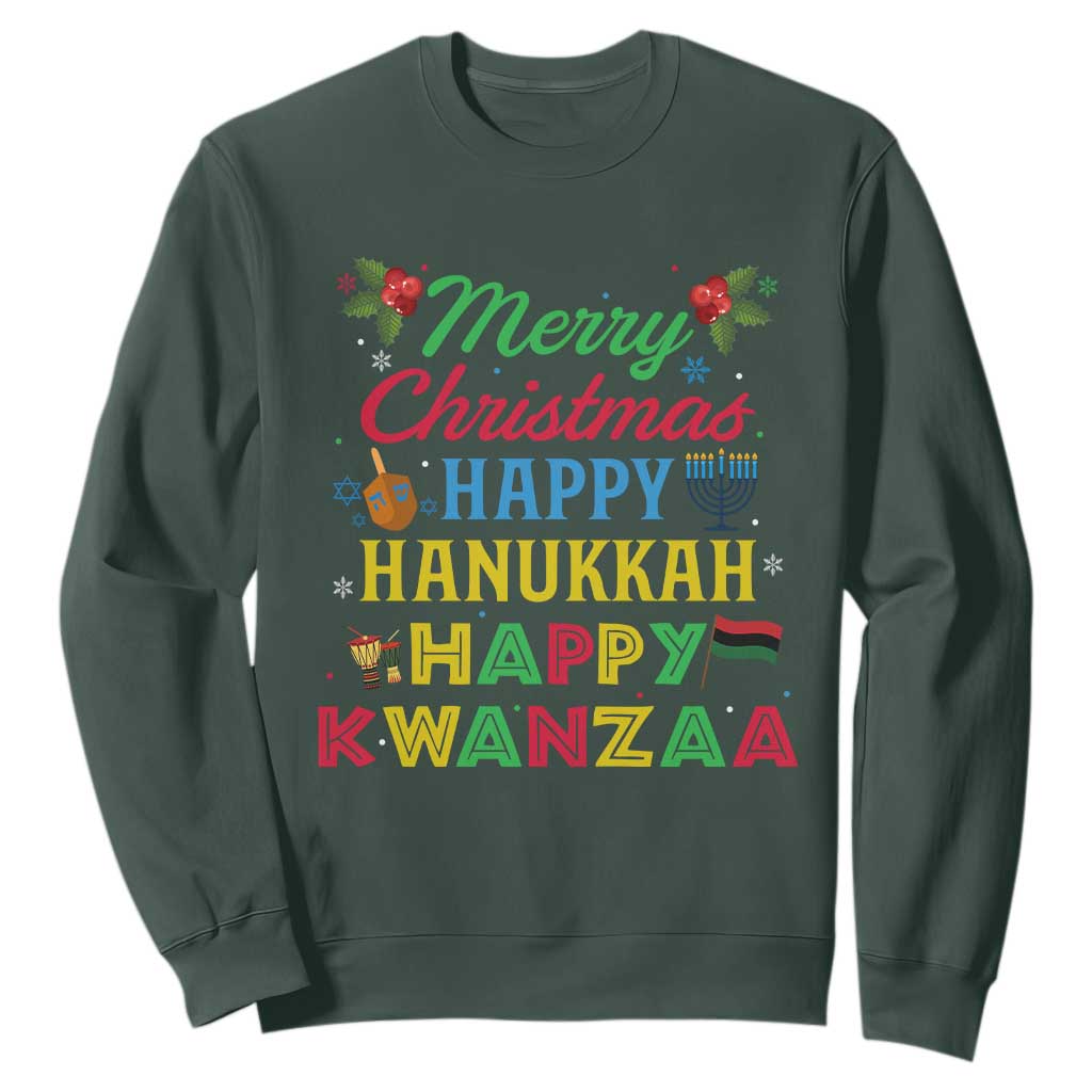 Merry Christmas Hanukkah Kwanzaa Sweatshirt Funny Holiday Gift TS12 Dark Forest Green Print Your Wear