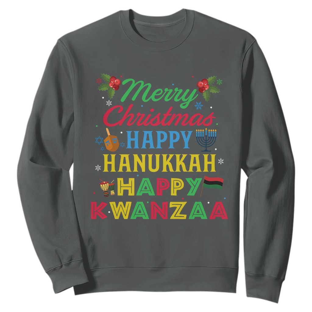 Merry Christmas Hanukkah Kwanzaa Sweatshirt Funny Holiday Gift TS12 Dark Heather Print Your Wear
