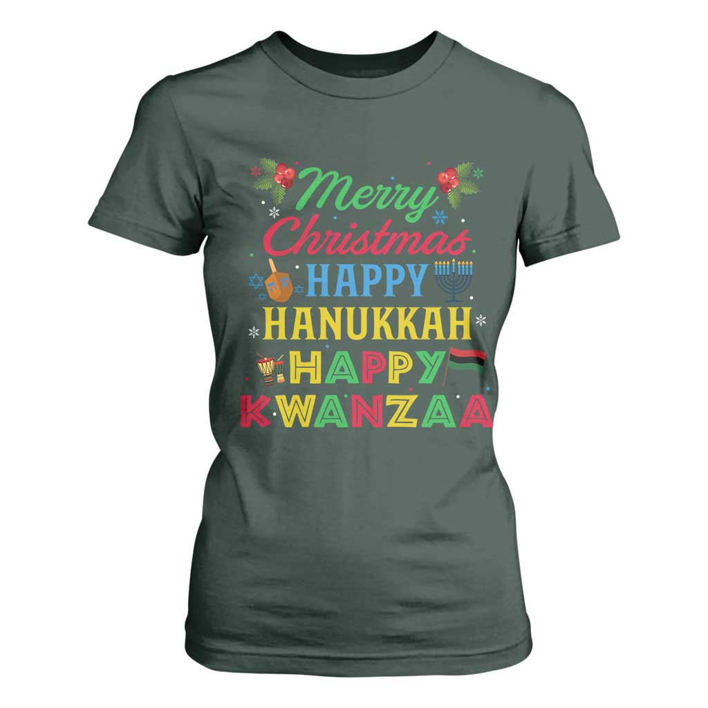 Merry Christmas Hanukkah Kwanzaa T Shirt For Women Funny Holiday Gift TS12 Dark Forest Green Print Your Wear