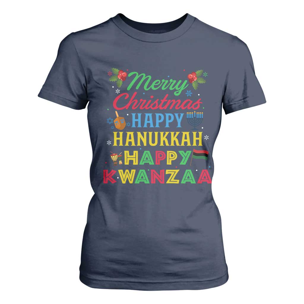 Merry Christmas Hanukkah Kwanzaa T Shirt For Women Funny Holiday Gift TS12 Navy Print Your Wear