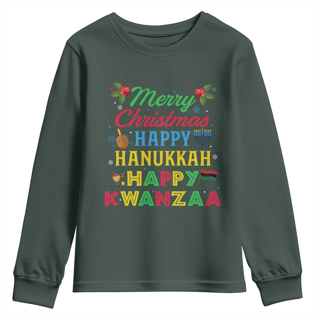 Merry Christmas Hanukkah Kwanzaa Youth Sweatshirt Funny Holiday Gift TS12 Dark Forest Green Print Your Wear