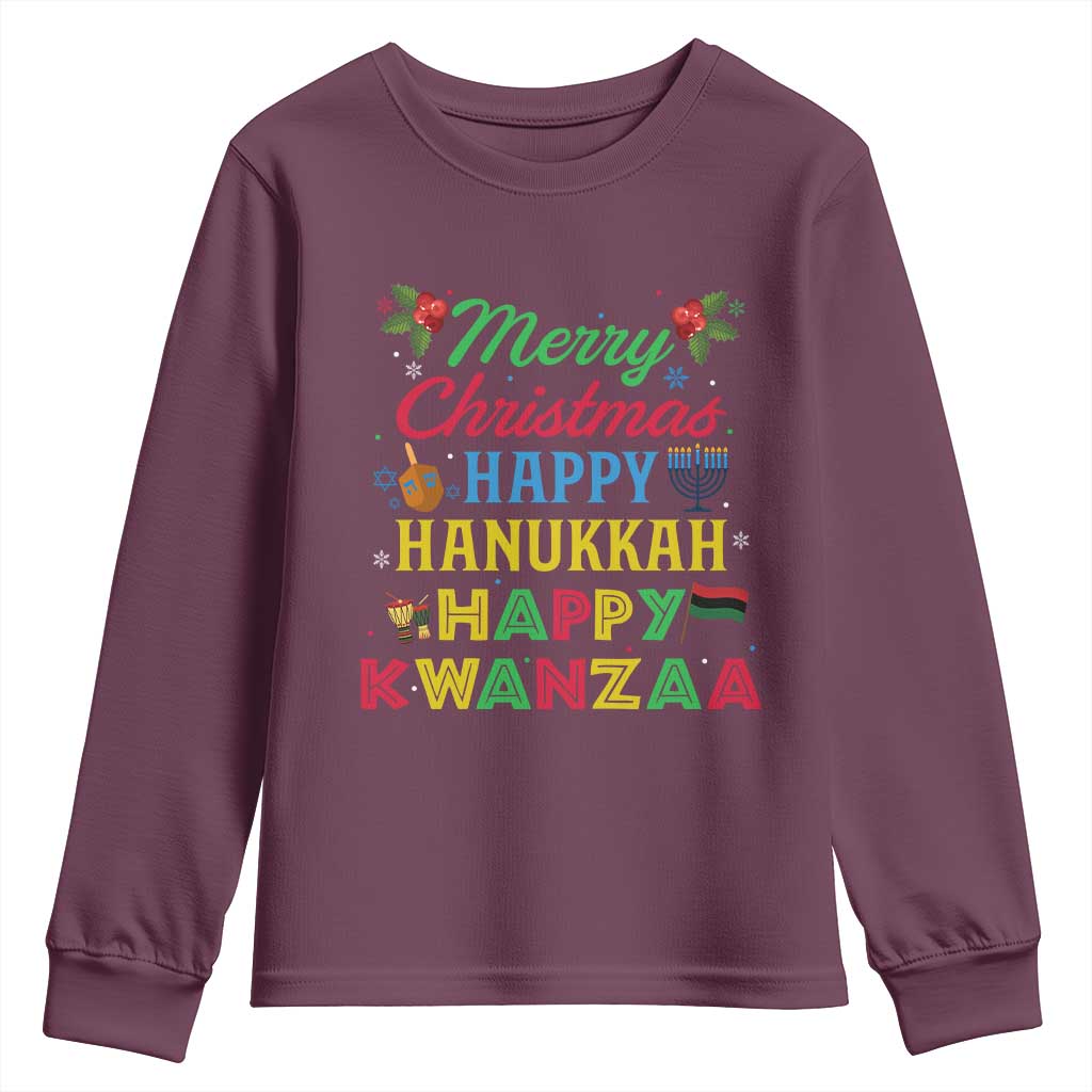 Merry Christmas Hanukkah Kwanzaa Youth Sweatshirt Funny Holiday Gift TS12 Maroon Print Your Wear