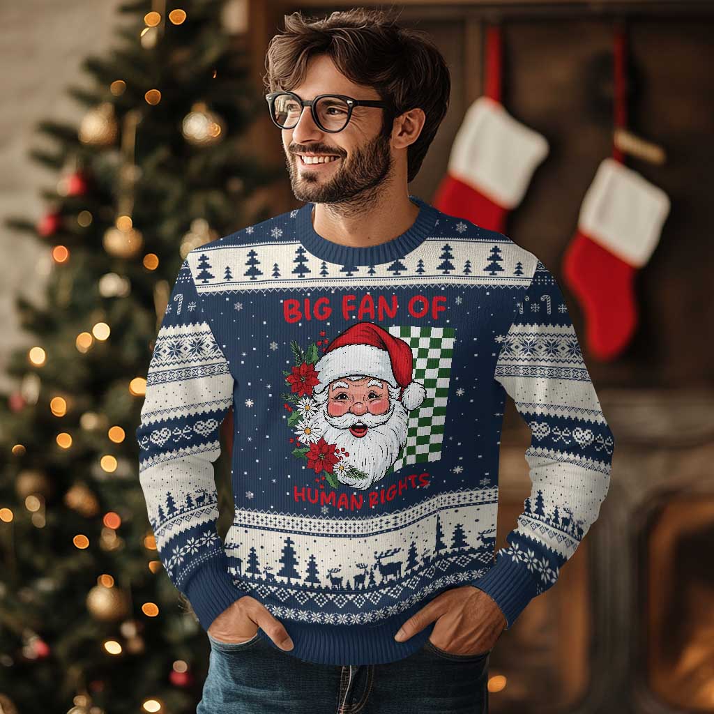 Xmas Cute Santa Big Fan Of Human Rights Gift Ugly Christmas Sweater TS12 Navy Beige Print Your Wear