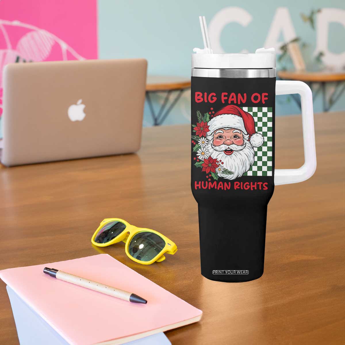 Christmas Cute Santa Big Fan Of Human Rights Gift Tumbler With Handle - Print Your Wear