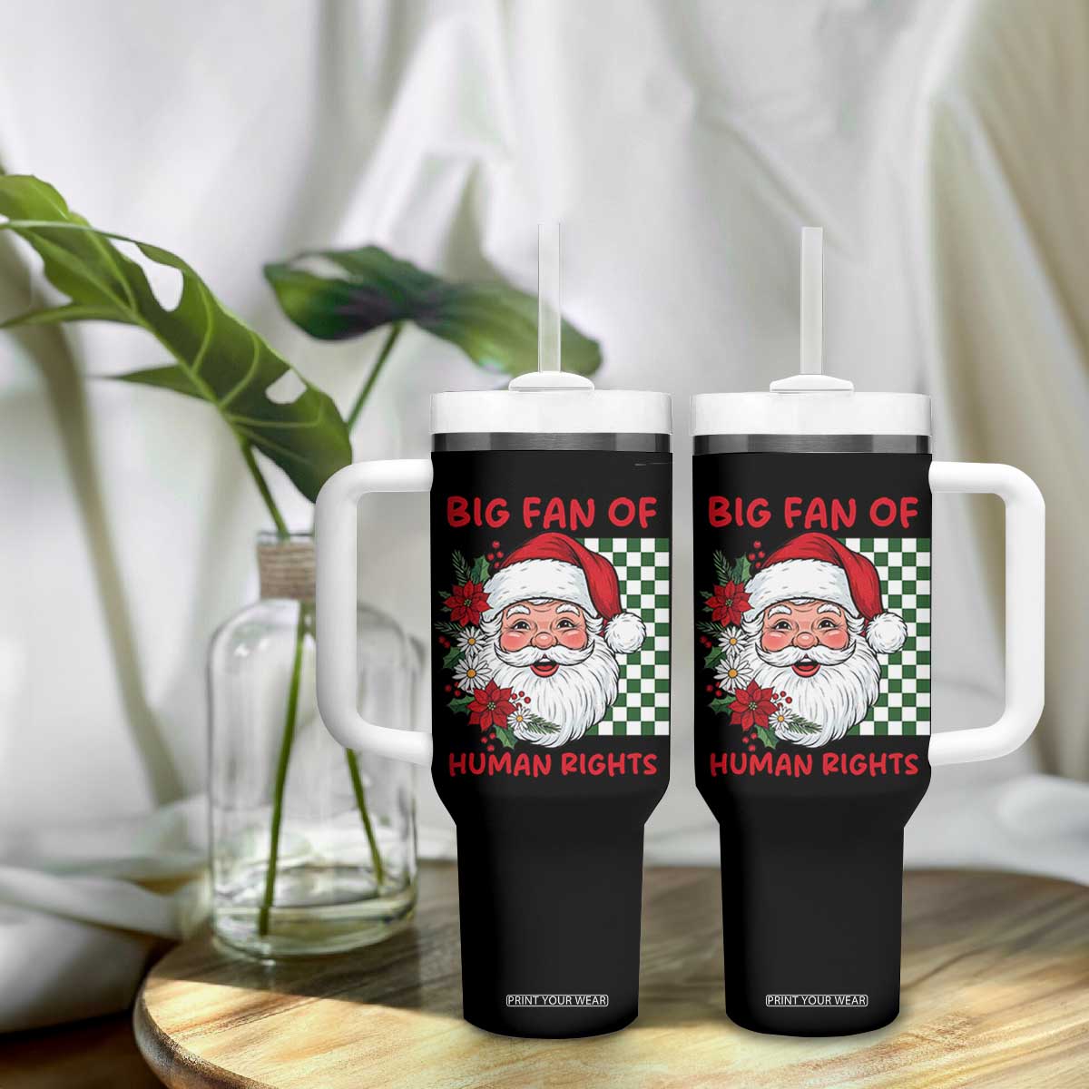 Christmas Cute Santa Big Fan Of Human Rights Gift Tumbler With Handle - Print Your Wear
