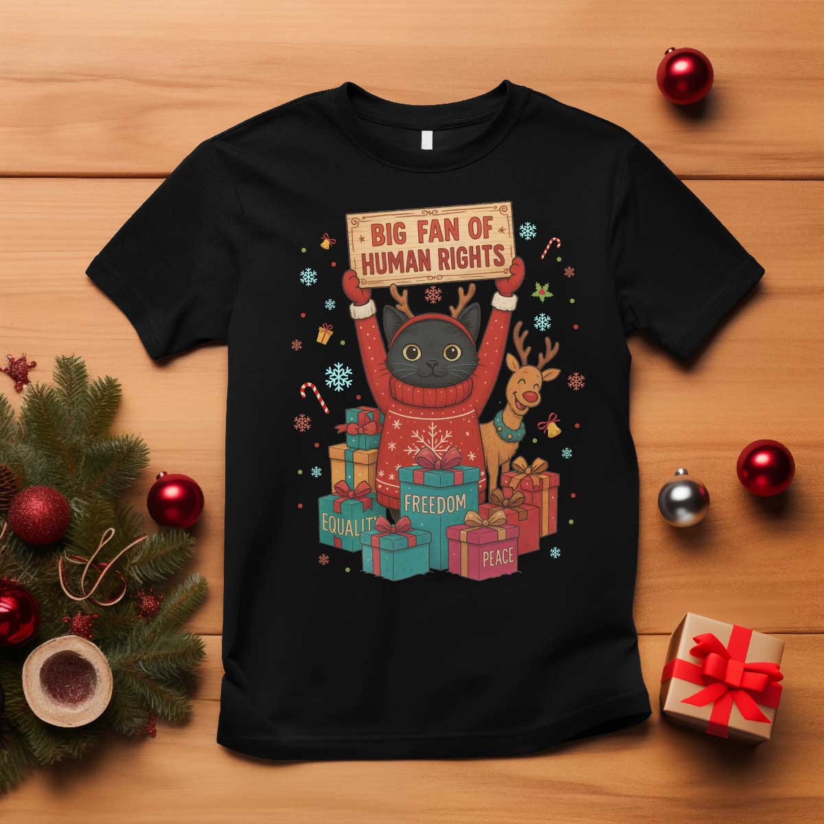 Cute Santa Cat Big Fan Of Human Rights T Shirt Christmas Supporters TS12 Black Print Your Wear
