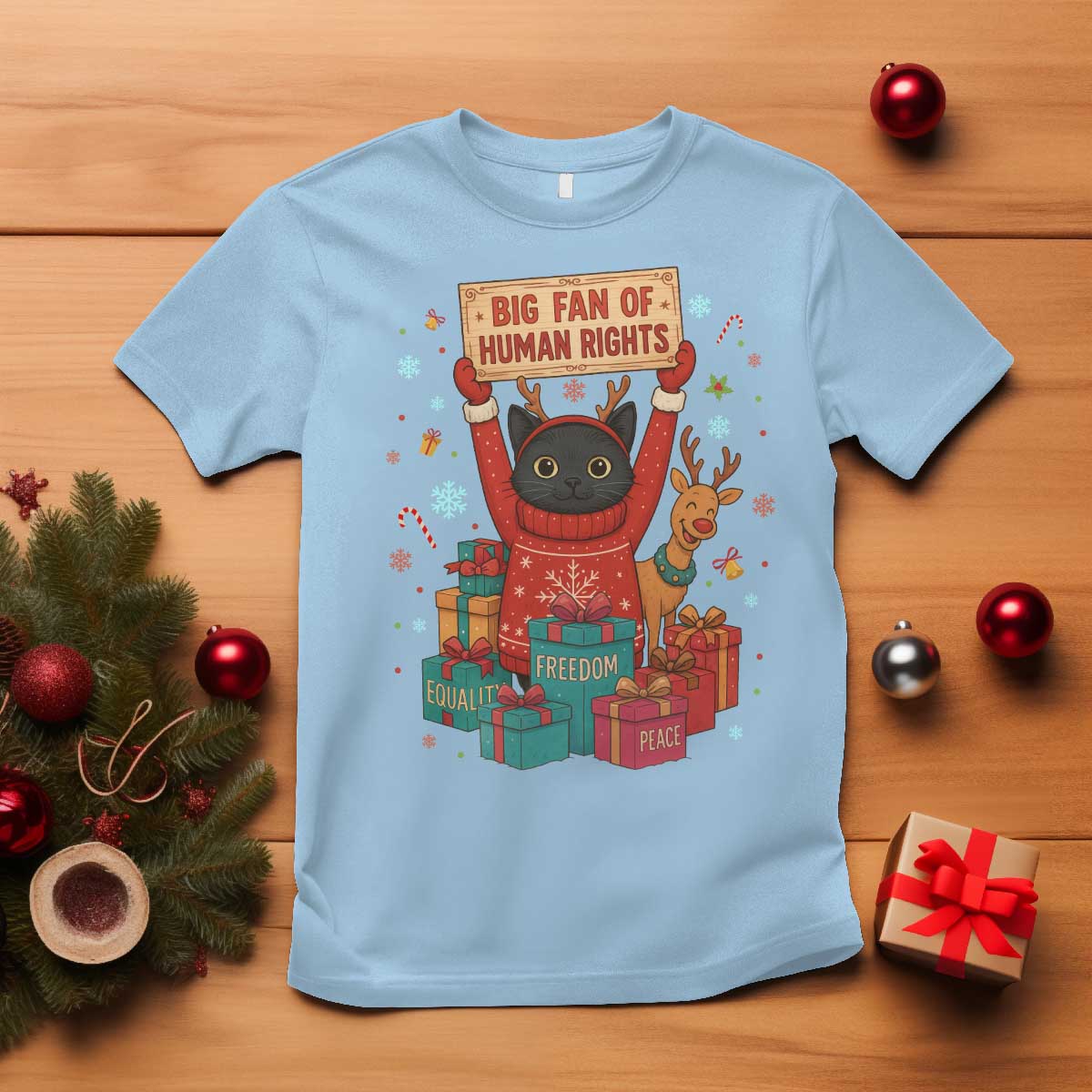 Cute Santa Cat Big Fan Of Human Rights T Shirt Christmas Supporters TS12 Light Blue Print Your Wear