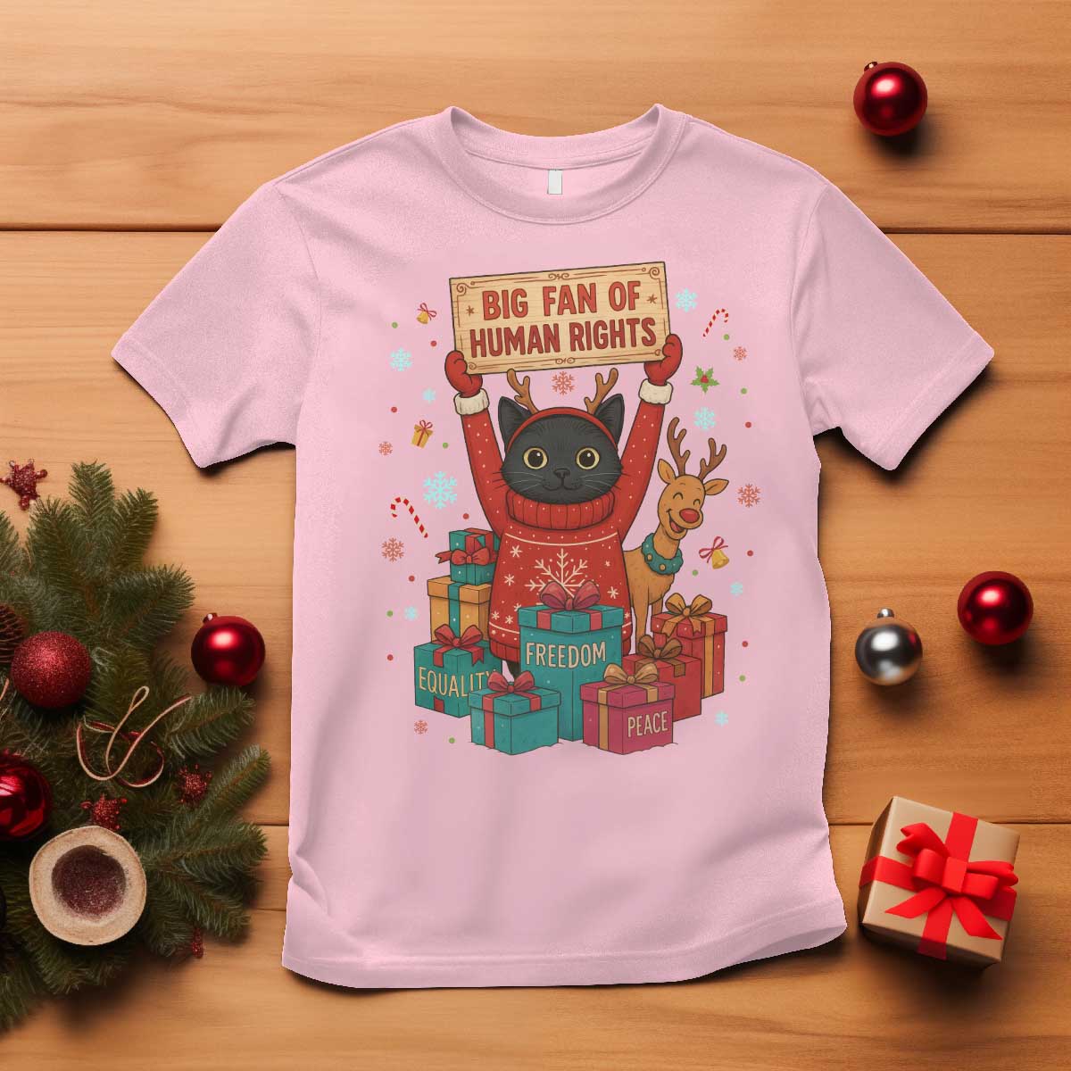 Cute Santa Cat Big Fan Of Human Rights T Shirt Christmas Supporters TS12 Light Pink Print Your Wear