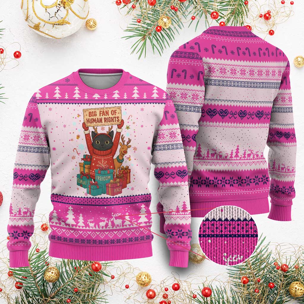 Cute Santa Cat Big Fan Of Human Rights Ugly Christmas Sweater Xmas Supporters TS12 Hot Pink Print Your Wear