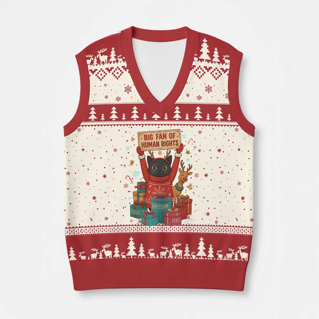 Cute Santa Cat Big Fan Of Human Rights V-Neck Knit Sweater Vest Xmas Supporters TS12 Beige Red Print Your Wear