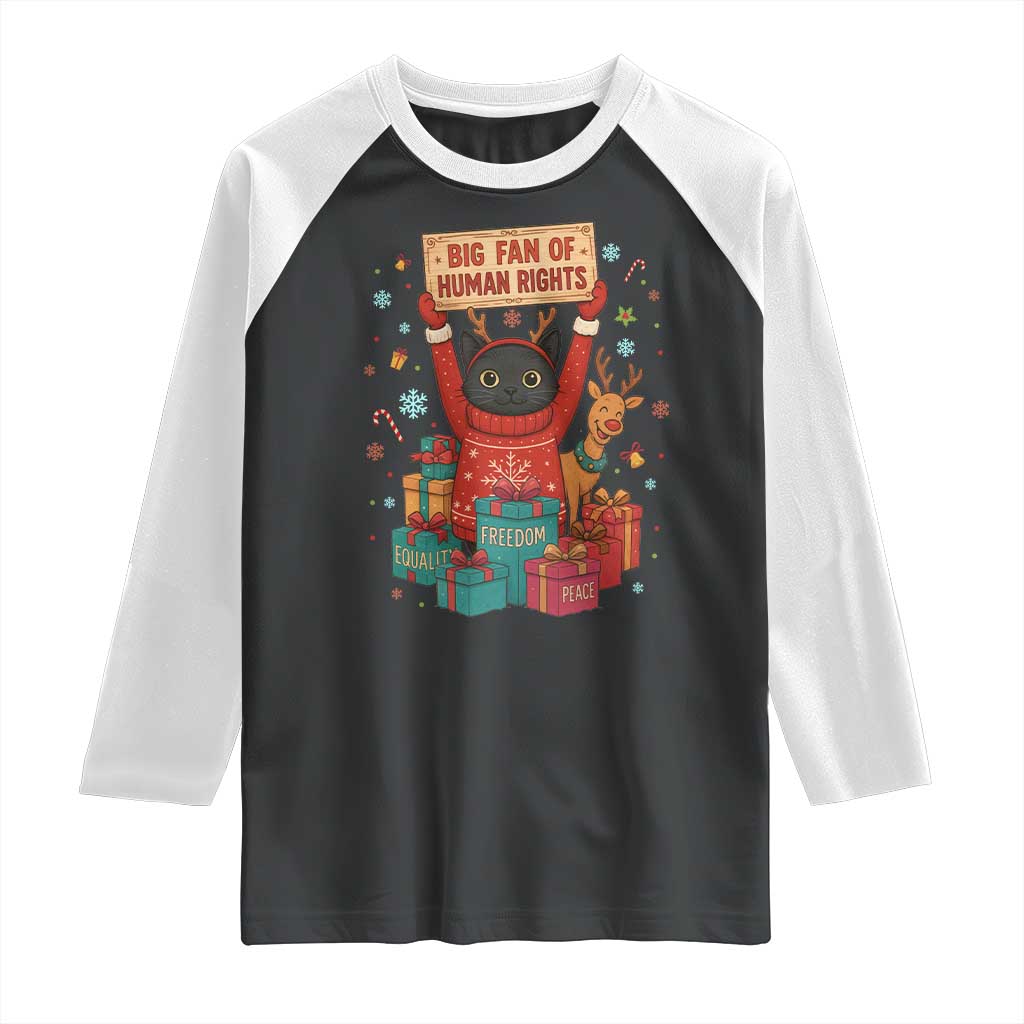 Cute Santa Cat Big Fan Of Human Rights Raglan Shirt Christmas Supporters TS12 Black White Print Your Wear