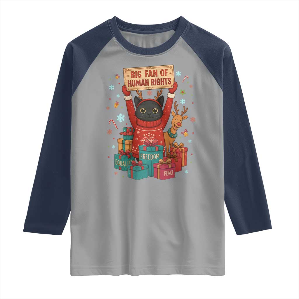 Cute Santa Cat Big Fan Of Human Rights Raglan Shirt Christmas Supporters TS12 Sport Gray Navy Print Your Wear