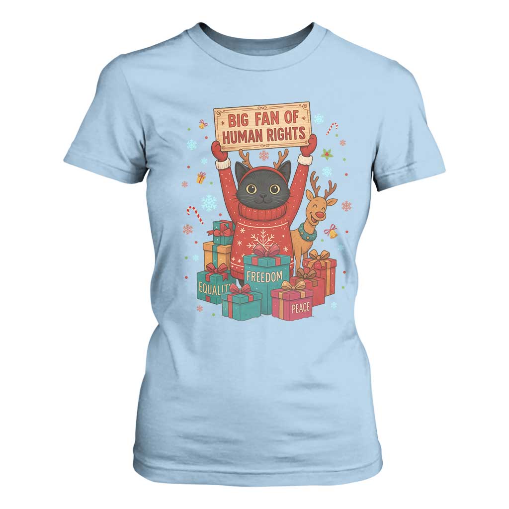 Cute Santa Cat Big Fan Of Human Rights T Shirt For Women Christmas Supporters TS12 Light Blue Print Your Wear