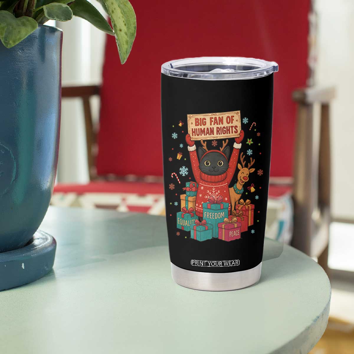 Cute Santa Cat Big Fan Of Human Rights Tumbler Cup Christmas Supporters TS12 Print Your Wear