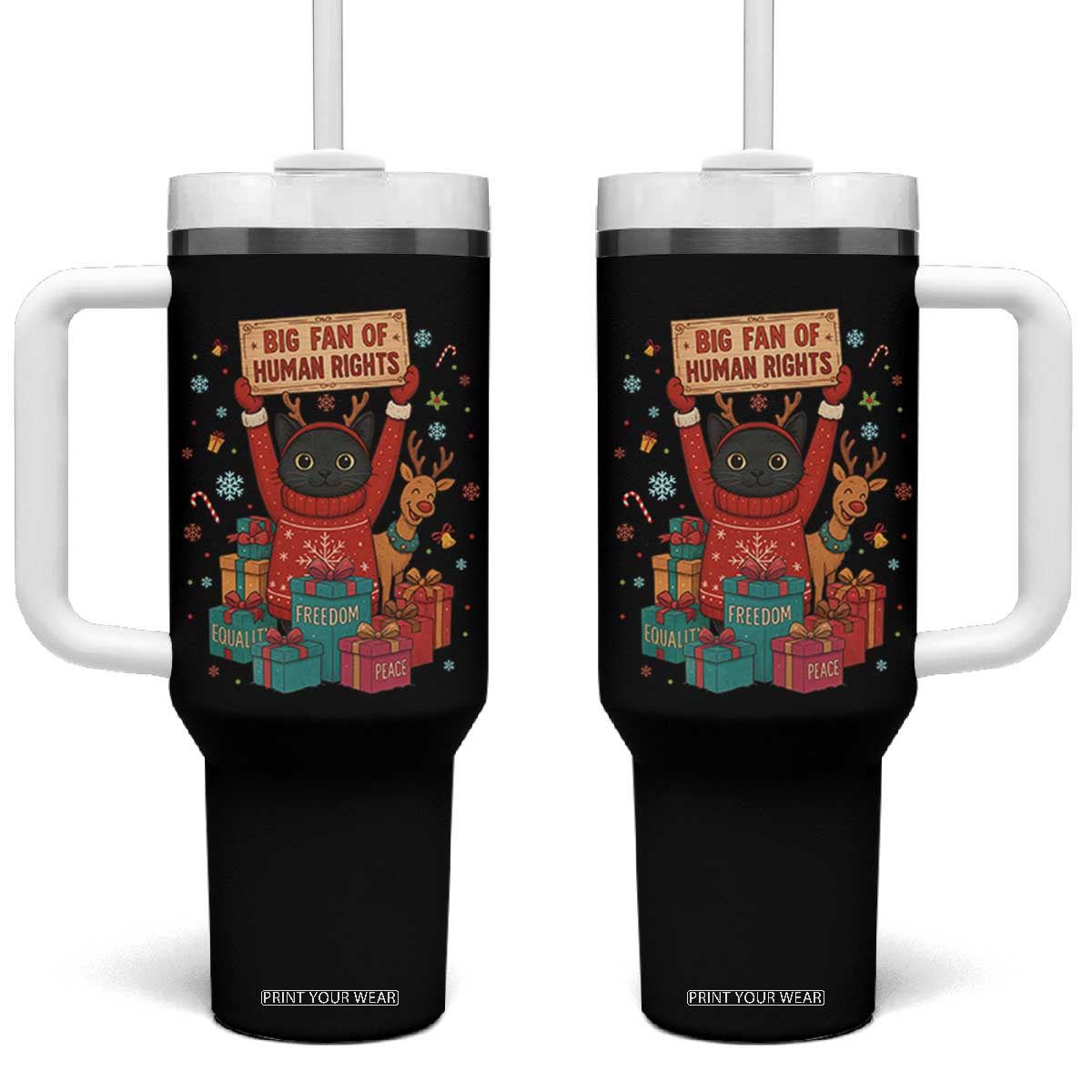 Cute Santa Cat Big Fan Of Human Rights Tumbler With Handle Christmas Supporters TS12 One Size: 40 oz Black Print Your Wear
