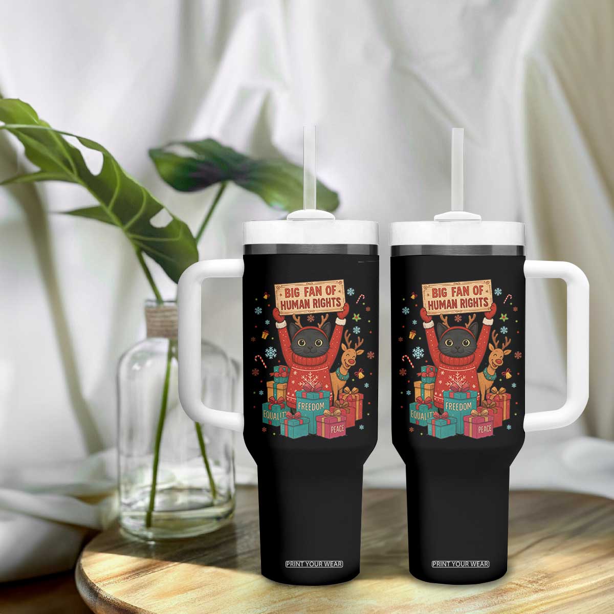 Cute Santa Cat Big Fan Of Human Rights Tumbler With Handle Christmas Supporters TS12 Print Your Wear