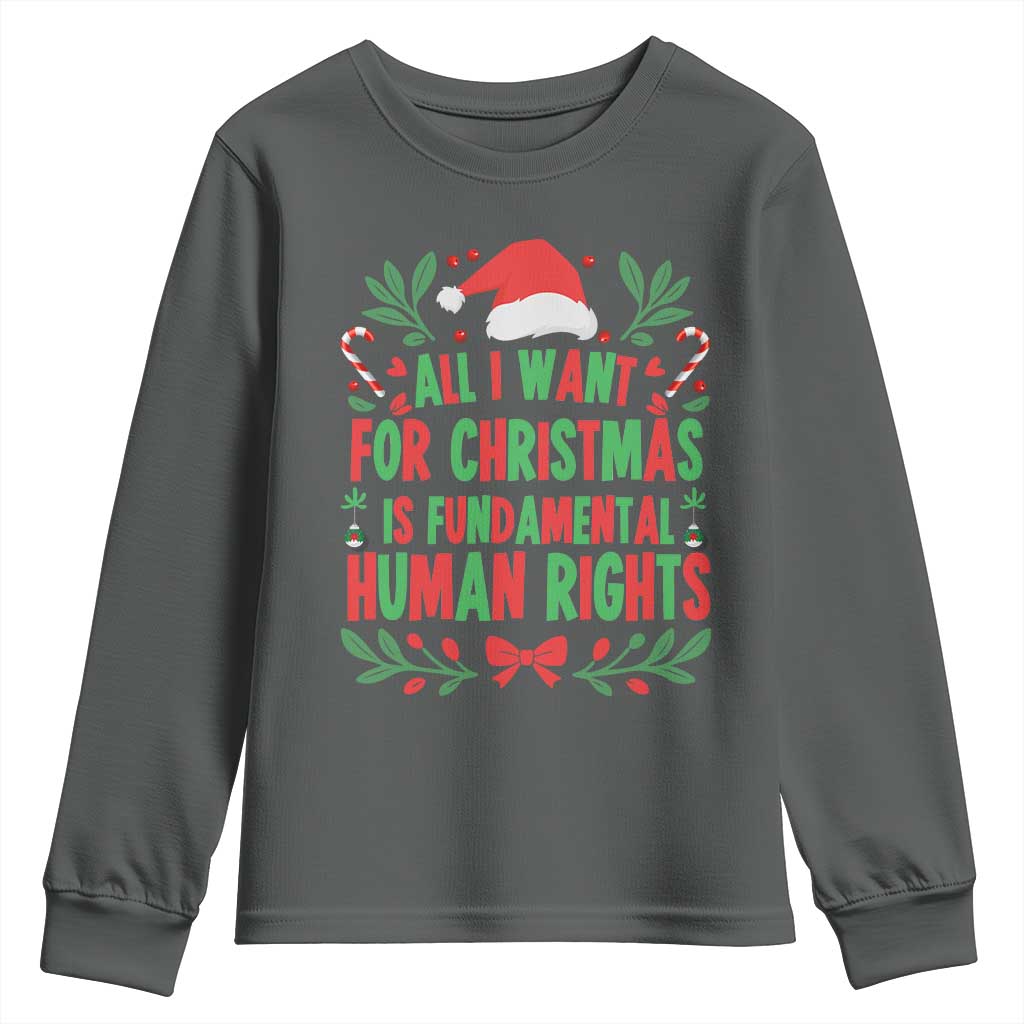All I Want For Christmas Is Fundamental Human Rights Youth Sweatshirt Pro Democracy Xmas Gift TS12 Dark Heather Print Your Wear