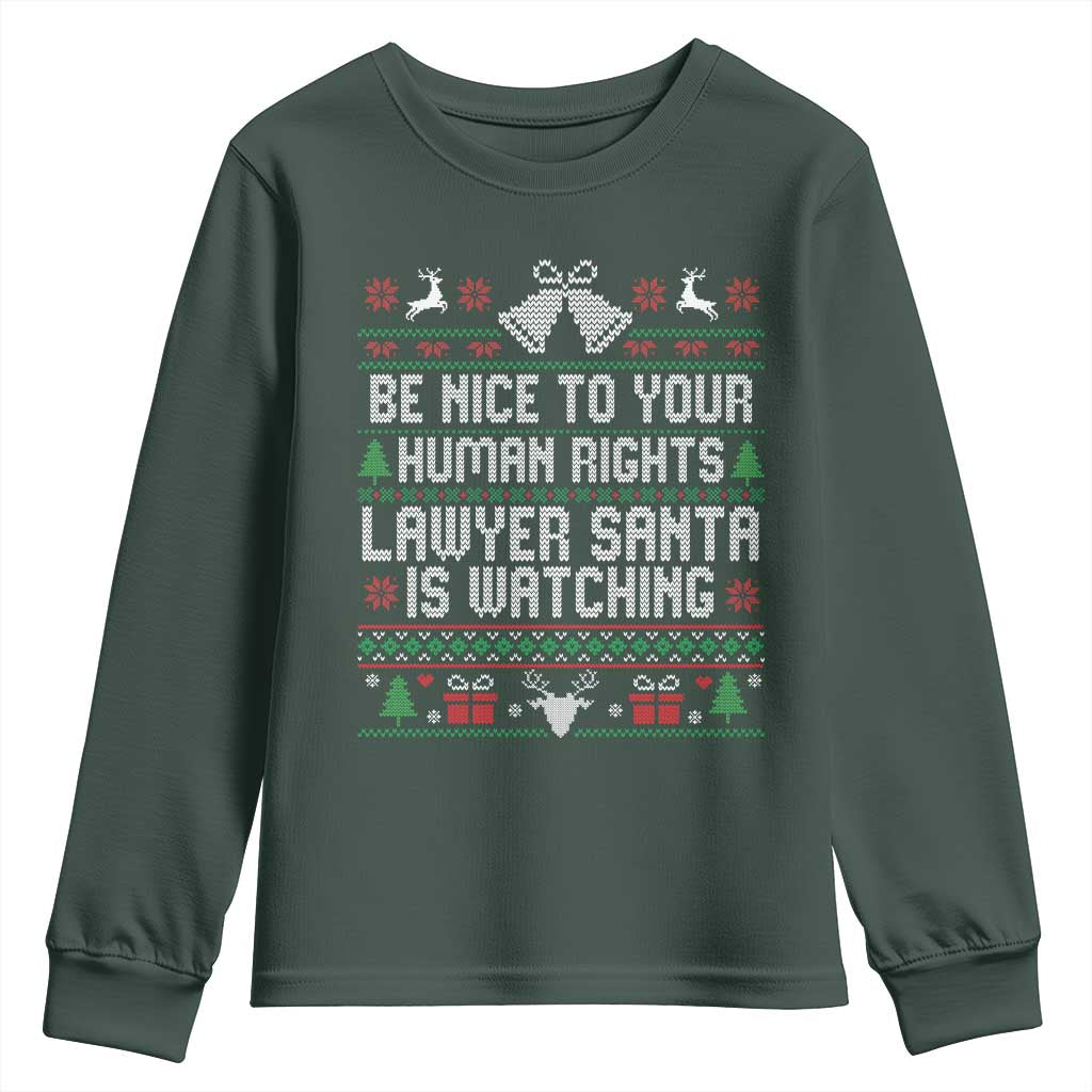 Christmas Ugly Gift Youth Sweatshirt Funny Human Rights Lawyer Santa Is Watching TS12 Dark Forest Green Print Your Wear