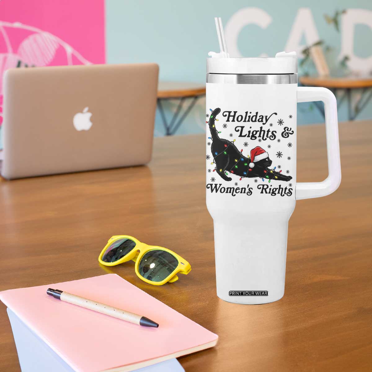 Sexy Cat Holiday Lights Womens Rights Supporter Tumbler With Handle Christmas Feminist Gift TS12 Print Your Wear