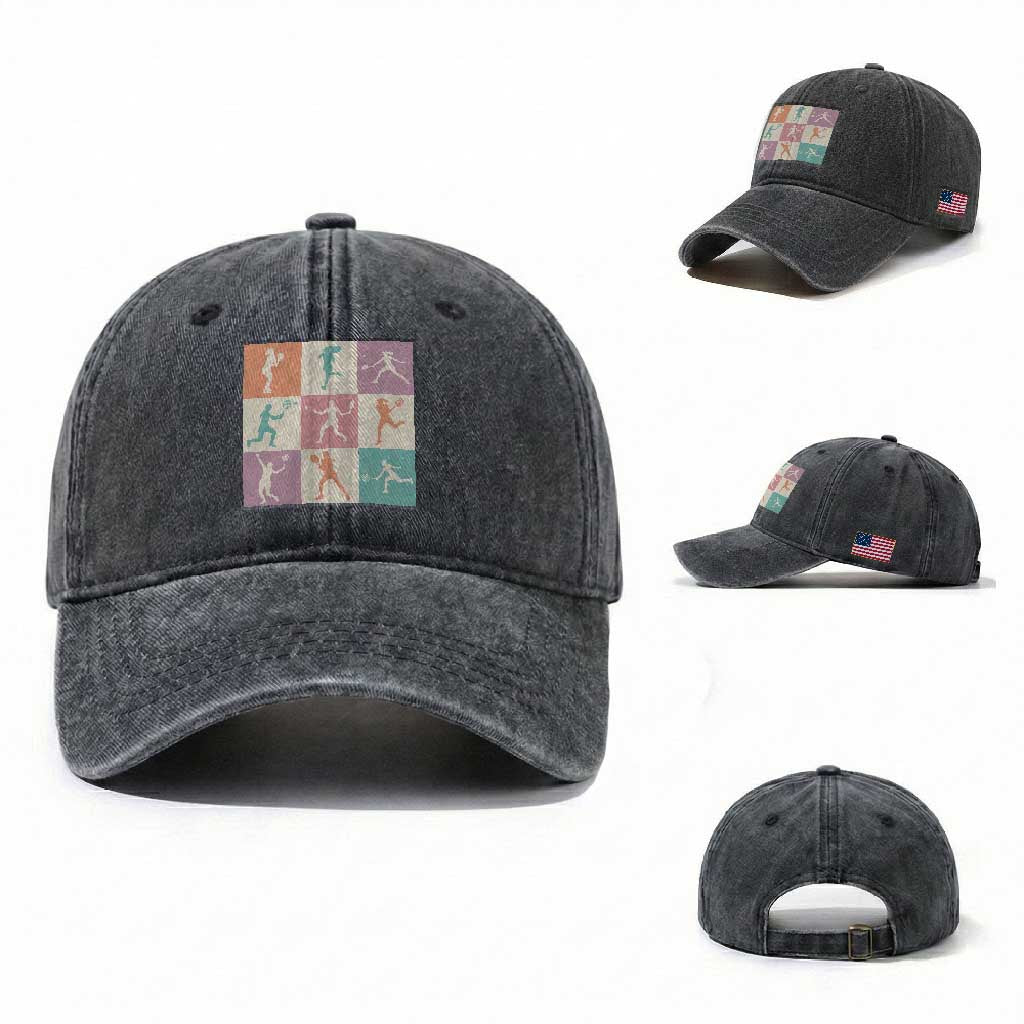 Tennis Lover Colorful Pastel Grid Sports Fan Gift Washed Cotton Baseball Cap TS12 Washed Cap Universal Fit Dark Gray Print Your Wear