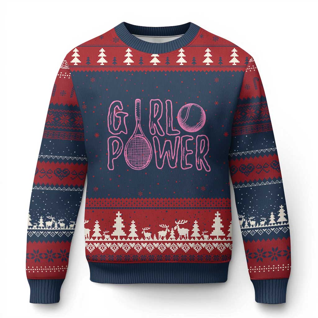 Girl Power Tennis Gift Ugly Christmas Sweater Feminist Sports Gift TS12 Navy Red Print Your Wear