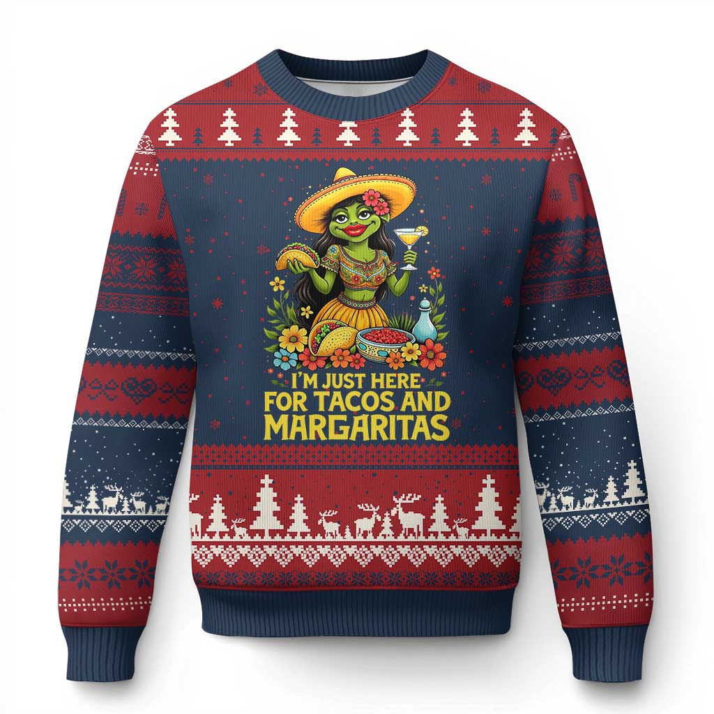 Funny Cinco De Mayo Frog Ugly Christmas Sweater Just Here For Tacos And Margaritas TS12 Navy Red Print Your Wear