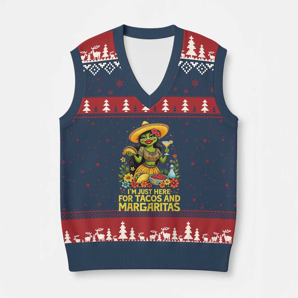 Funny Cinco De Mayo Frog V-Neck Knit Sweater Vest Just Here For Tacos And Margaritas TS12 Navy Red Print Your Wear
