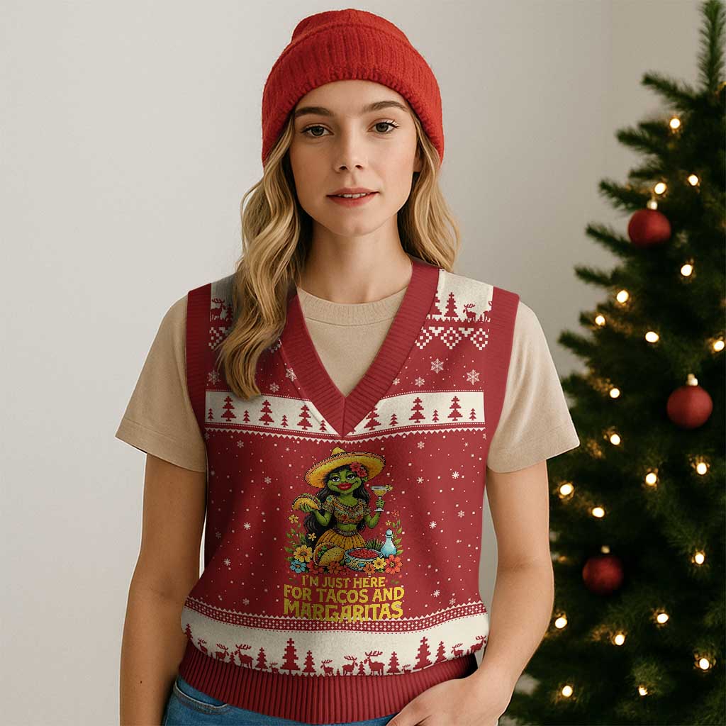 Funny Cinco De Mayo Frog V-Neck Knit Sweater Vest Just Here For Tacos And Margaritas TS12 Red Beige Print Your Wear