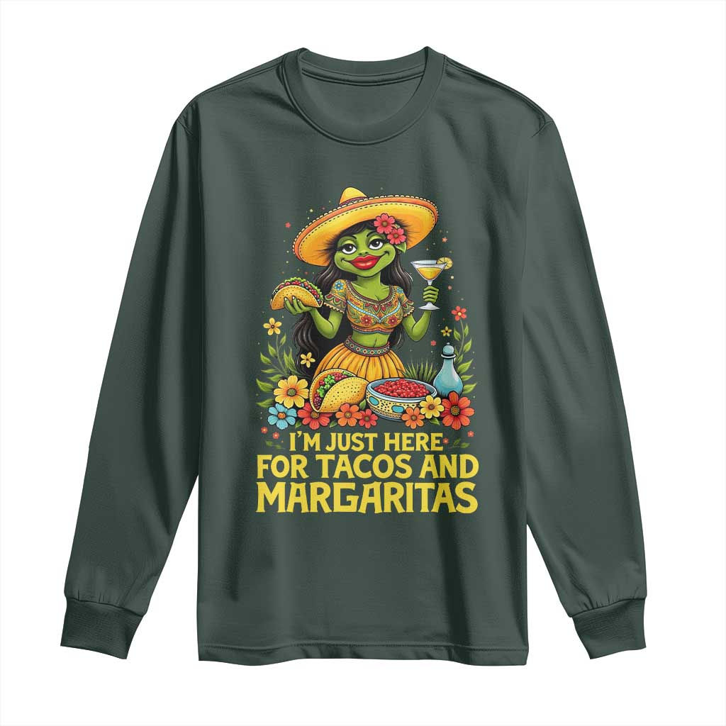Funny Cinco De Mayo Frog Long Sleeve Shirt Just Here For Tacos And Margaritas TS12 Dark Forest Green Print Your Wear