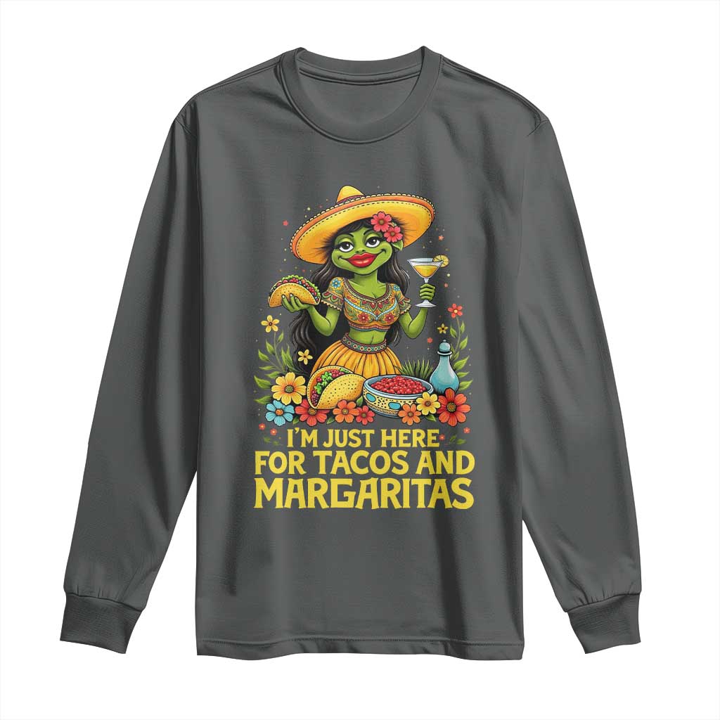 Funny Cinco De Mayo Frog Long Sleeve Shirt Just Here For Tacos And Margaritas TS12 Dark Heather Print Your Wear