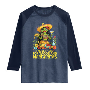 Funny Cinco De Mayo Frog Raglan Shirt Just Here For Tacos And Margaritas TS12 Heather Denim Navy Print Your Wear