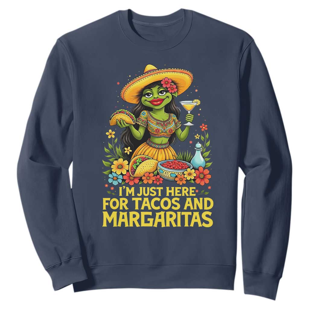 Funny Cinco De Mayo Frog Sweatshirt Just Here For Tacos And Margaritas TS12 Navy Print Your Wear