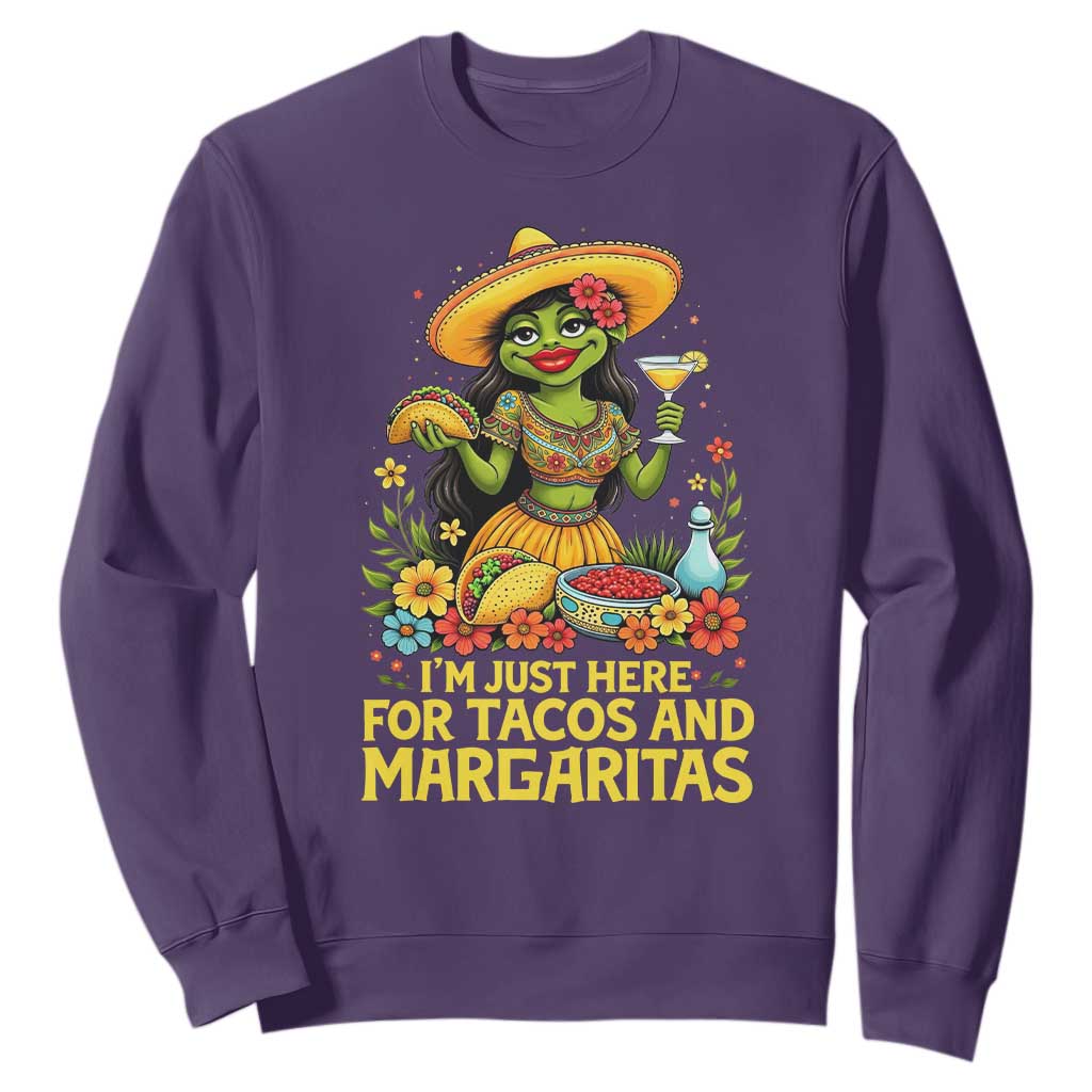 Funny Cinco De Mayo Frog Sweatshirt Just Here For Tacos And Margaritas TS12 Purple Print Your Wear