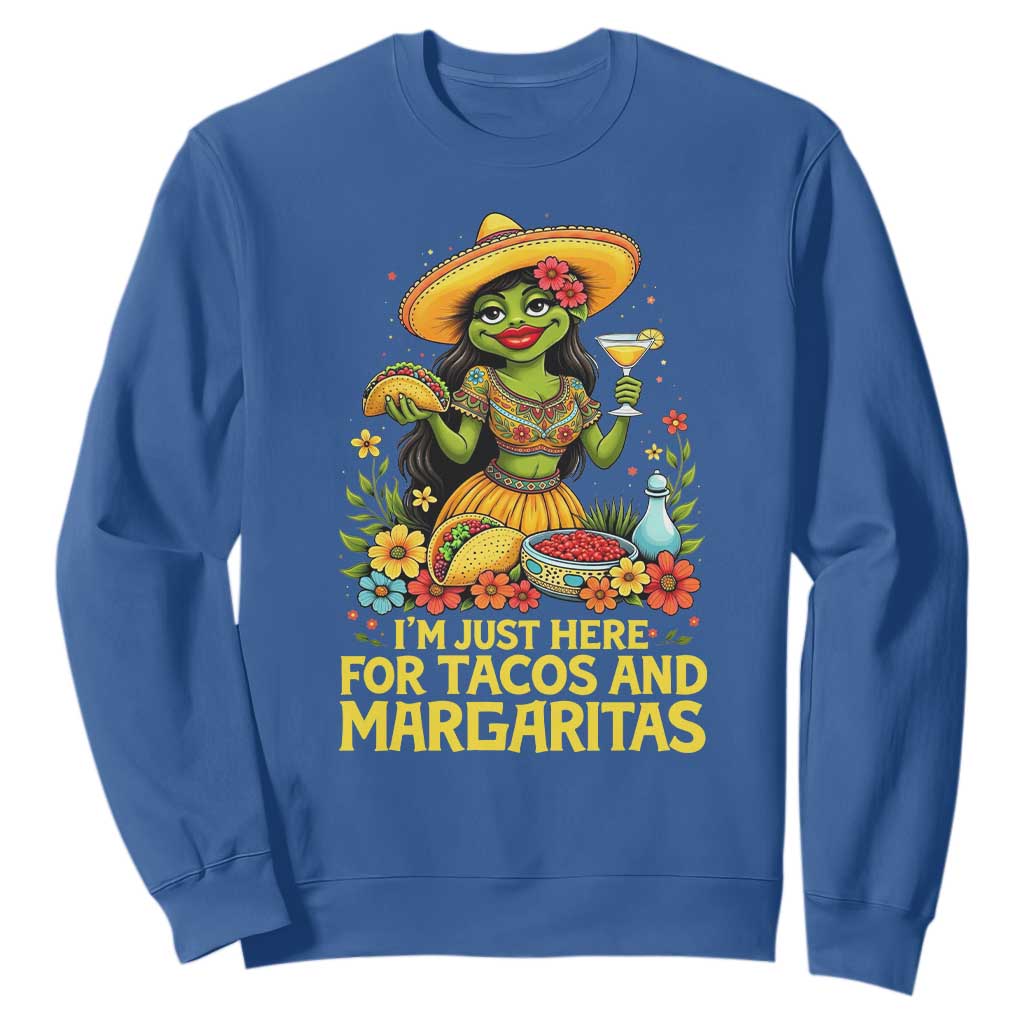 Funny Cinco De Mayo Frog Sweatshirt Just Here For Tacos And Margaritas TS12 Royal Blue Print Your Wear