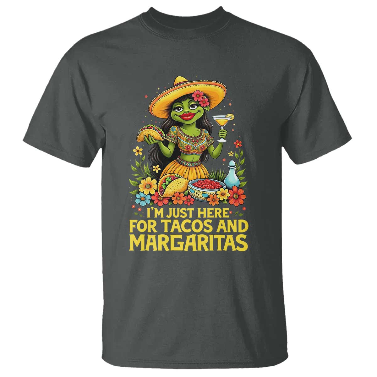 Funny Cinco De Mayo Frog T Shirt Just Here For Tacos And Margaritas TS12 Dark Heather Print Your Wear