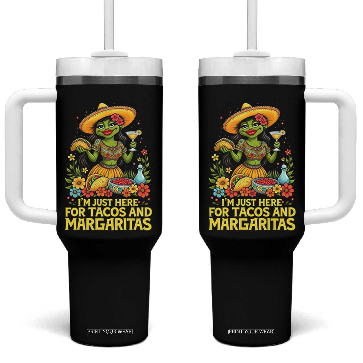 Funny Cinco De Mayo Frog Tumbler With Handle Just Here For Tacos And Margaritas TS12 One Size: 40 oz Black Print Your Wear
