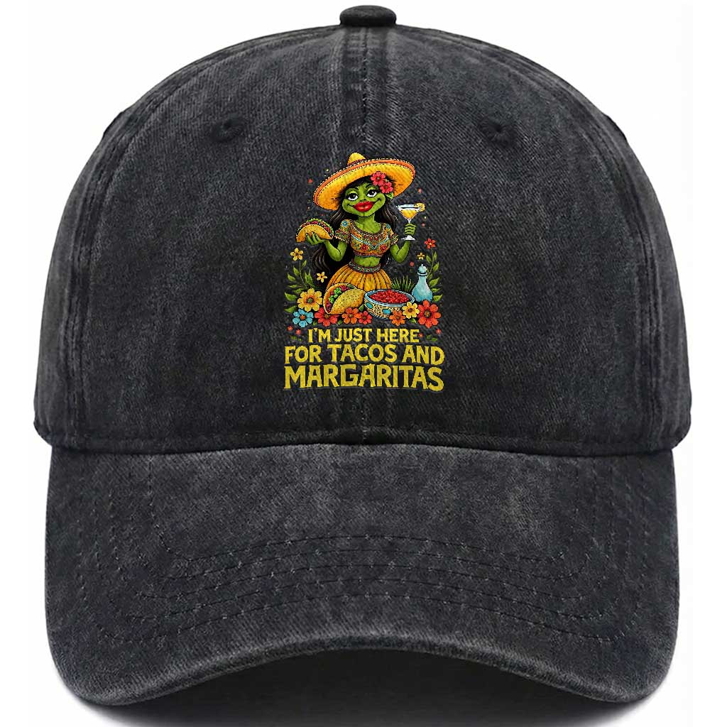 Funny Cinco De Mayo Frog Washed Cotton Baseball Cap Just Here For Tacos And Margaritas TS12 Print Your Wear