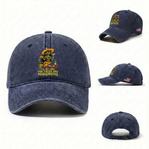 Funny Cinco De Mayo Frog Washed Cotton Baseball Cap Just Here For Tacos And Margaritas TS12 Washed Cap Universal Fit Navy Print Your Wear