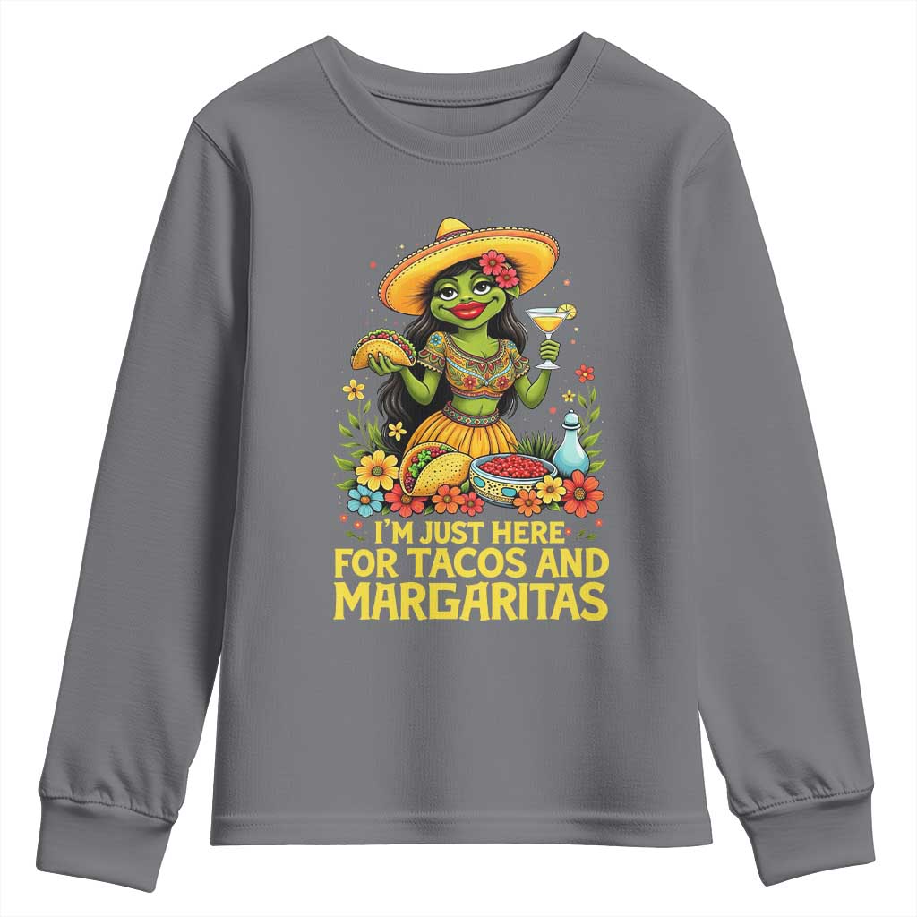 Funny Cinco De Mayo Frog Youth Sweatshirt Just Here For Tacos And Margaritas TS12 Charcoal Print Your Wear