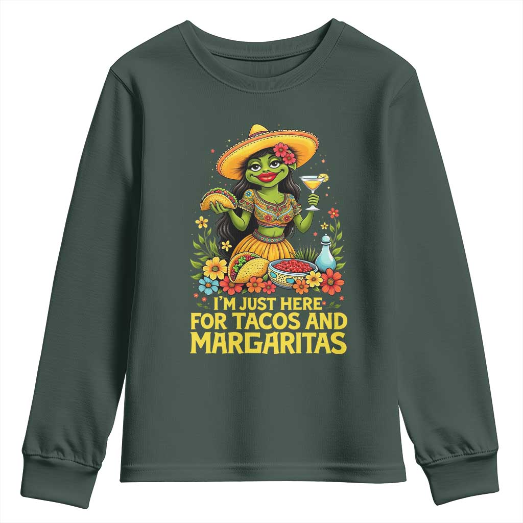 Funny Cinco De Mayo Frog Youth Sweatshirt Just Here For Tacos And Margaritas TS12 Dark Forest Green Print Your Wear