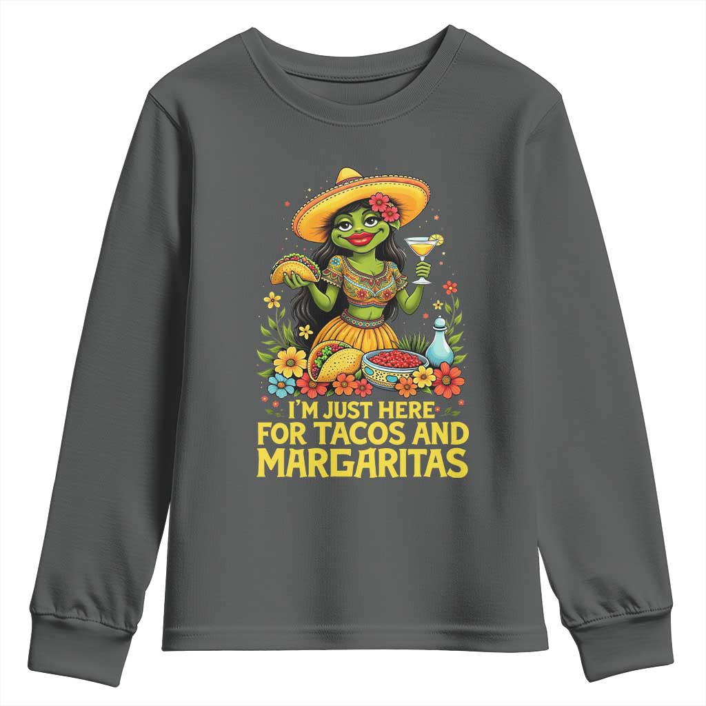 Funny Cinco De Mayo Frog Youth Sweatshirt Just Here For Tacos And Margaritas TS12 Dark Heather Print Your Wear