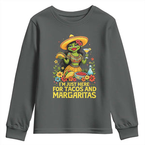 Funny Cinco De Mayo Frog Youth Sweatshirt Just Here For Tacos And Margaritas TS12 Dark Heather Print Your Wear
