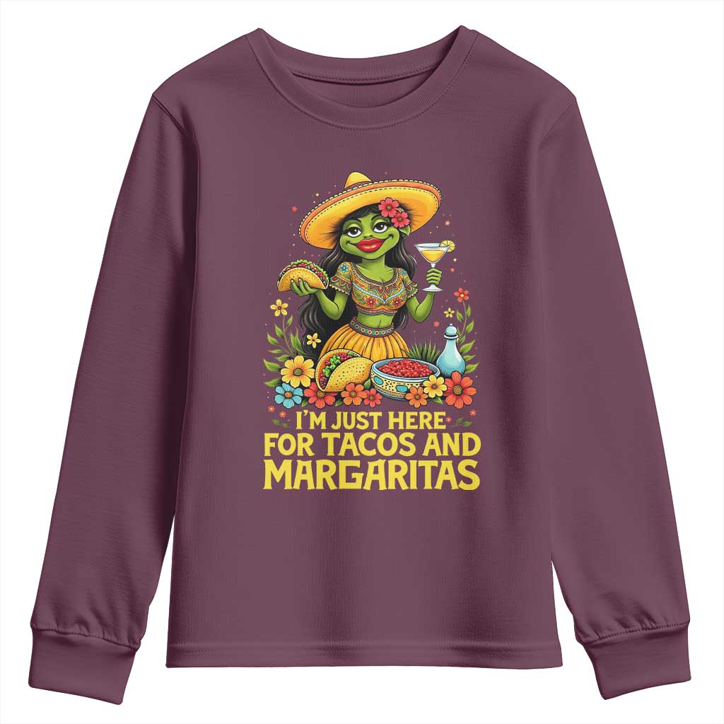 Funny Cinco De Mayo Frog Youth Sweatshirt Just Here For Tacos And Margaritas TS12 Maroon Print Your Wear